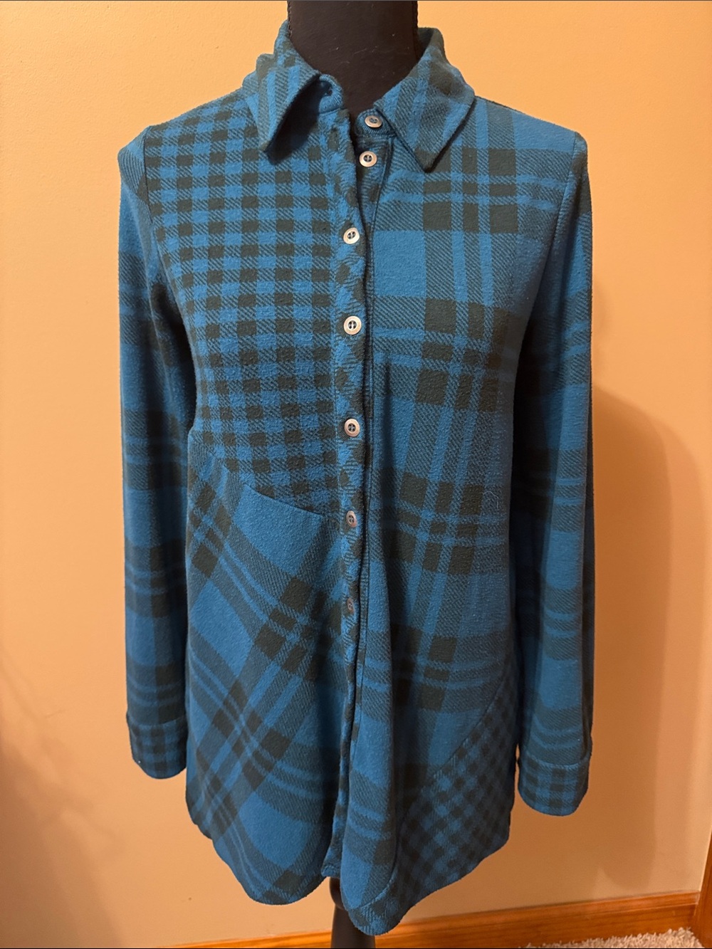 Soft Surroundings Teal and Black Plaid Button-Front Shirt